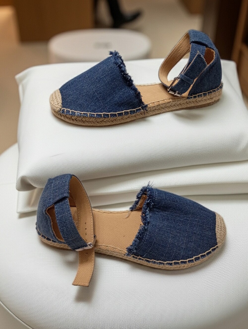 New W/Flaw Minnetonka Denim Blue Espadrille Sandals with Ankle Strap 8M